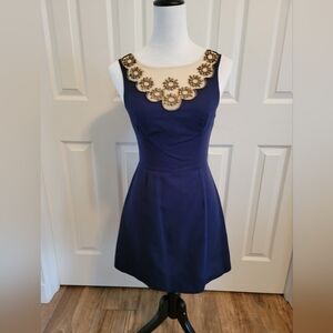 Lilly Pulitzer Navy Gold Beaded Fit And Flare Dress In Size 00